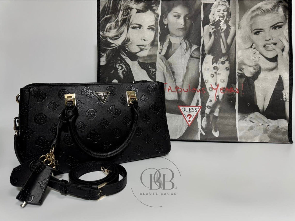 GUESS TISHA DEBOSSED PEONY GIRLFRIEND SATCHEL (BLACK LOGO)