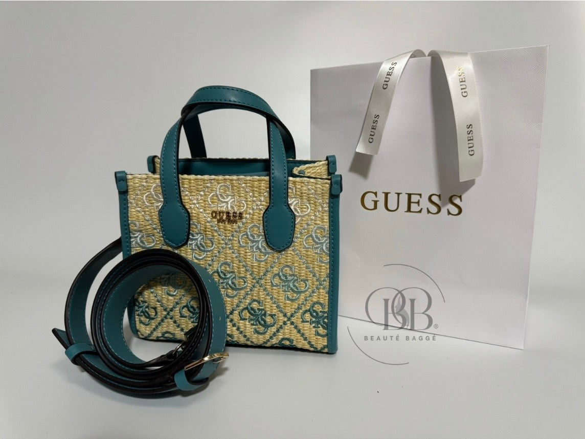 GUESS BLUE LOGO SILVANA DOUBLE COMPARTMENT MINI TOTE (TEAL LOGO)