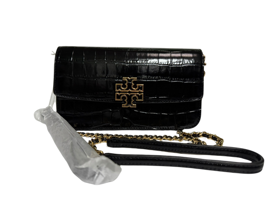 Tory Burch Britten Embossed Croc Leather Chain Wallet With Wristlet (Black)