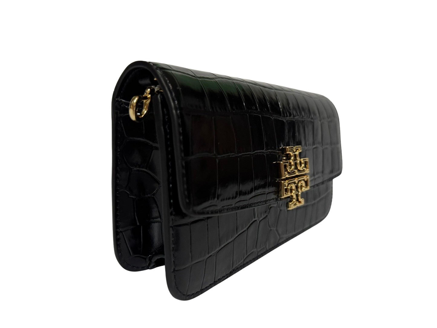 Tory Burch Britten Embossed Croc Leather Chain Wallet With Wristlet (Black)