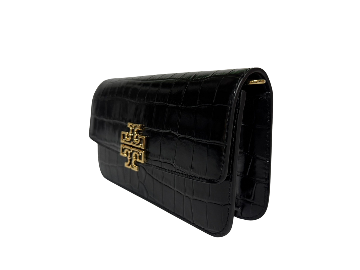 Tory Burch Britten Embossed Croc Leather Chain Wallet With Wristlet (Black)