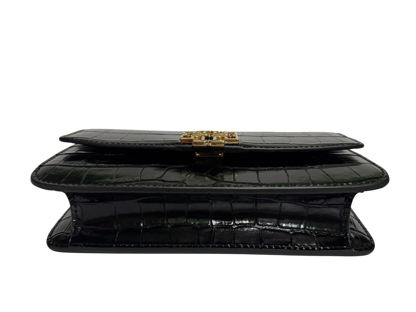 Tory Burch Britten Embossed Croc Leather Chain Wallet With Wristlet (Black)