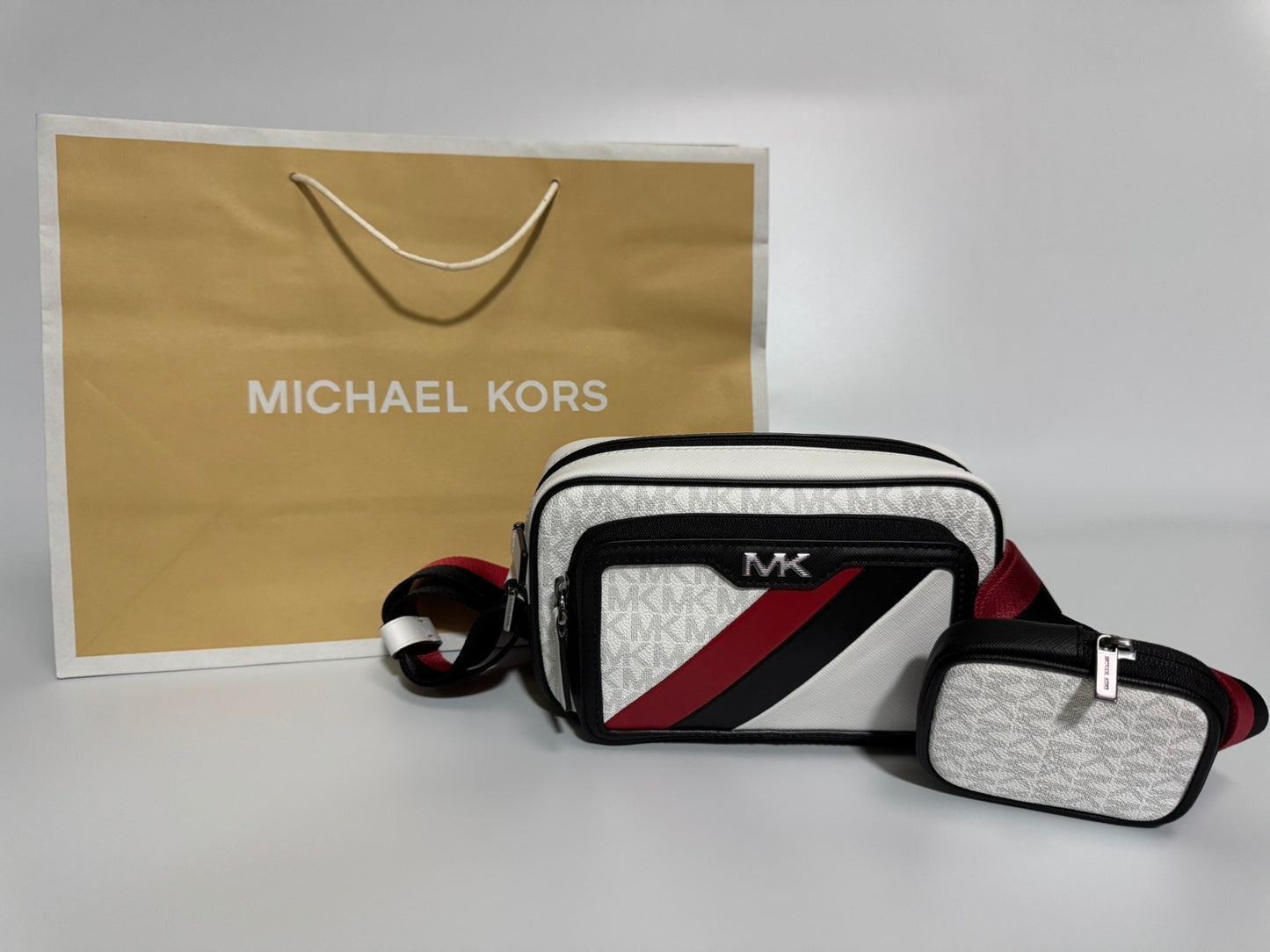 Michael Kors Rivington Striped Logo Camera Bag (White/Bright Red)