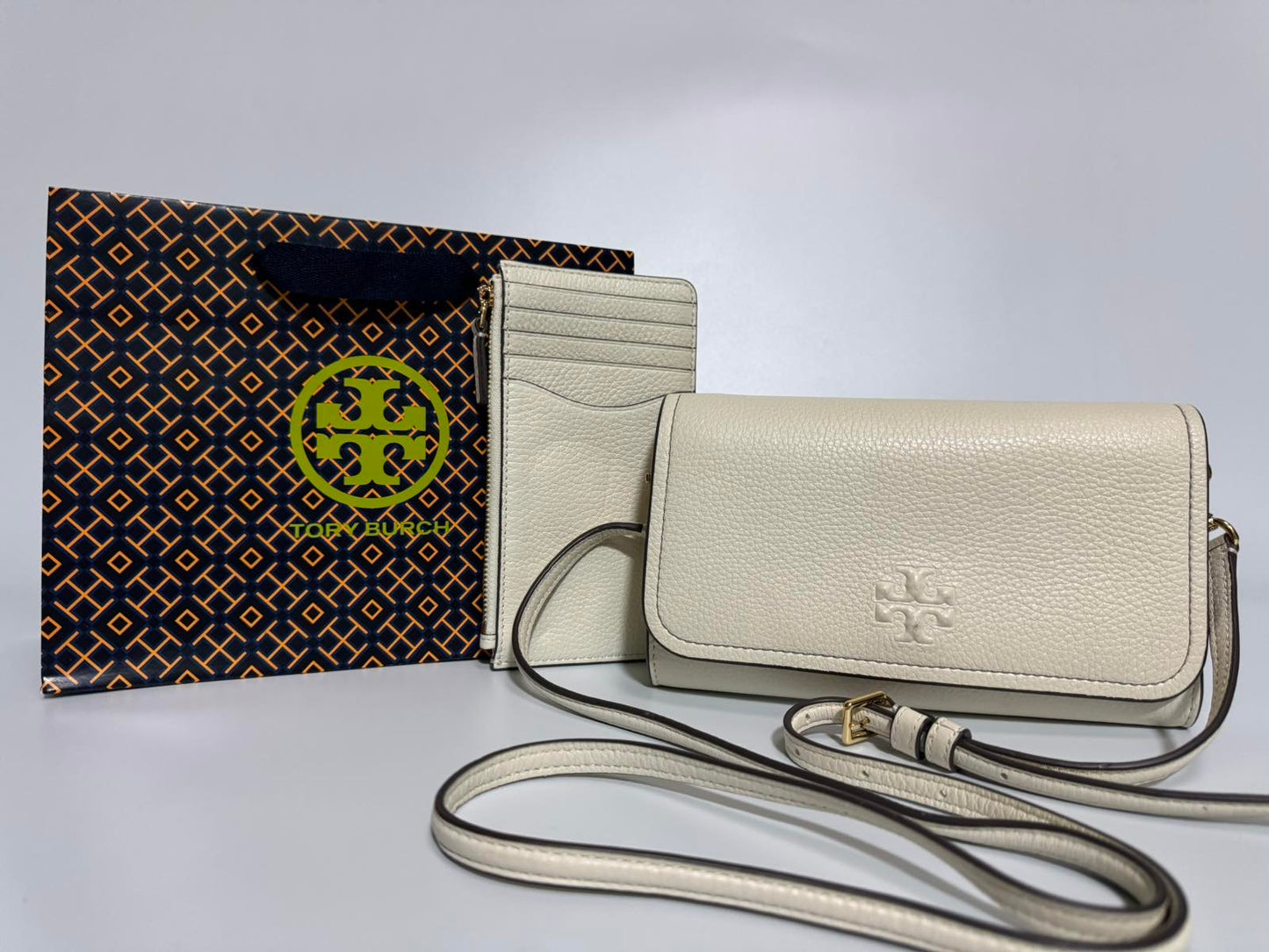 Tory Burch Thea Pebbled Leather Crossbody Bag with Flat Wallet (New Ivory)