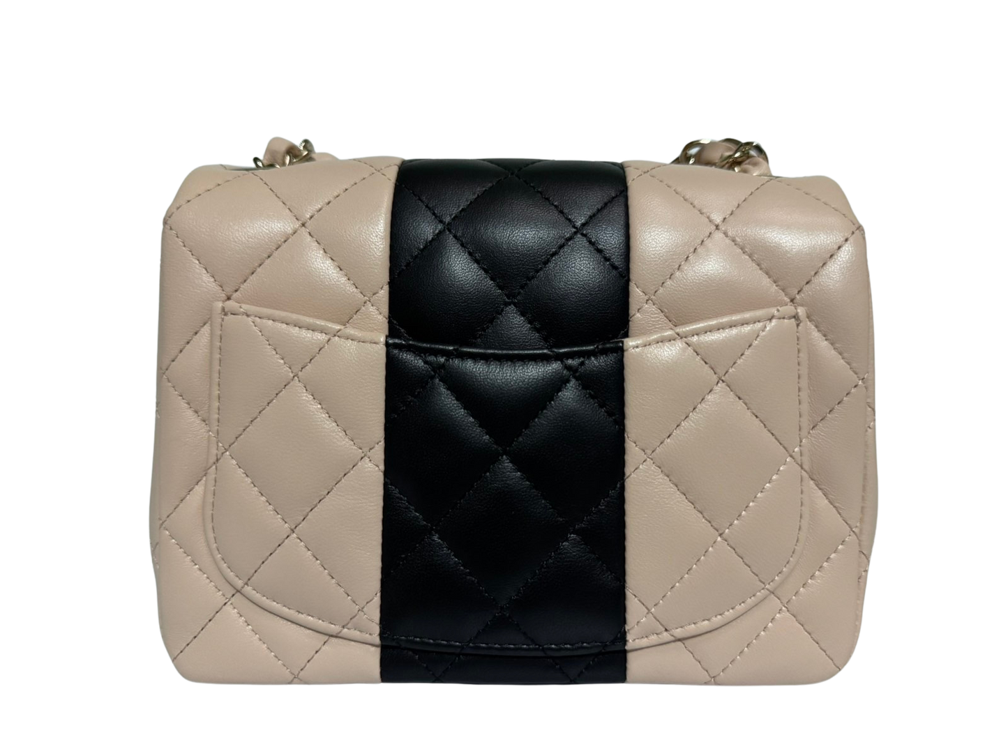 Authentic Chanel Mini Square Flap Bag Pink and Black Lambskin Light Gold Hardware 2021 (RFID Chip)