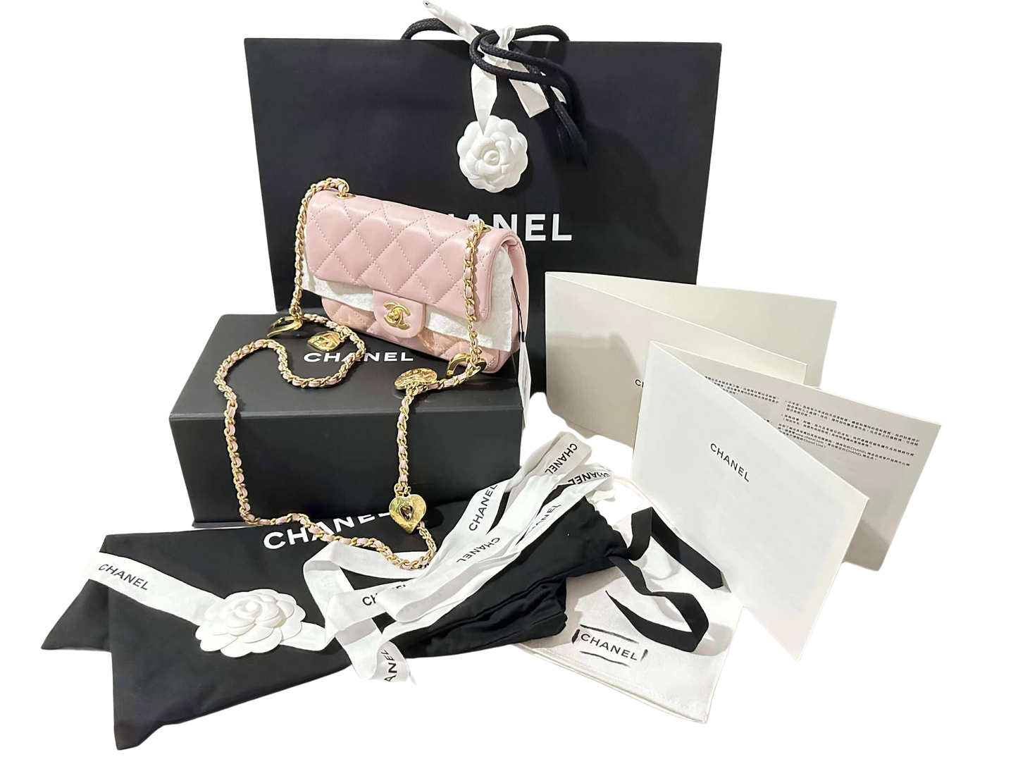 Chanel Mini Rectangular Flap Bag with Heart Chain Pink Lambskin Brushed Gold Hardware