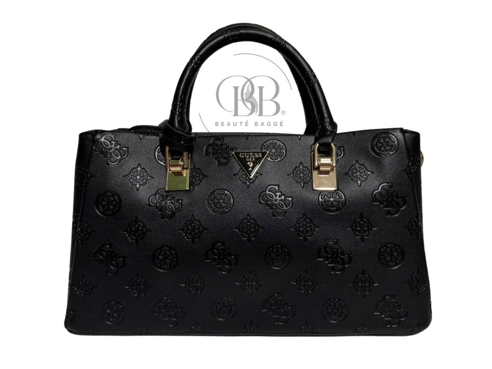 GUESS TISHA DEBOSSED PEONY GIRLFRIEND SATCHEL (BLACK LOGO)
