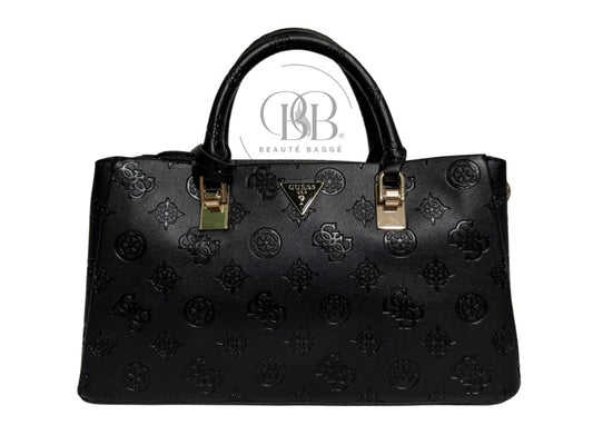 GUESS TISHA DEBOSSED PEONY GIRLFRIEND SATCHEL (BLACK LOGO)