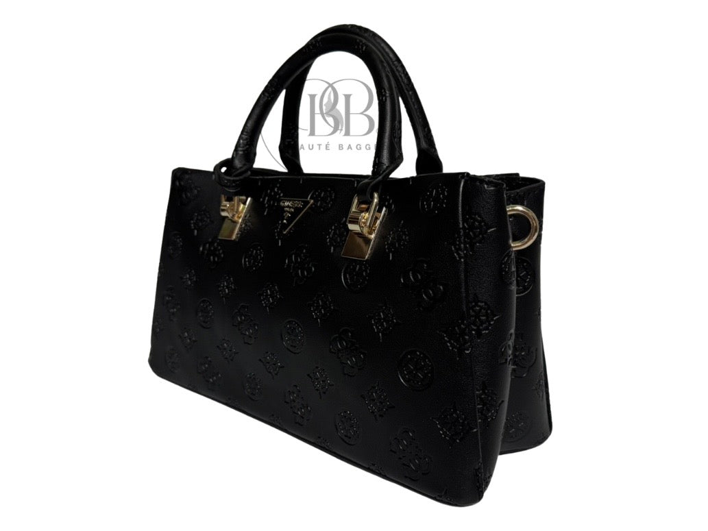 GUESS TISHA DEBOSSED PEONY GIRLFRIEND SATCHEL (BLACK LOGO)