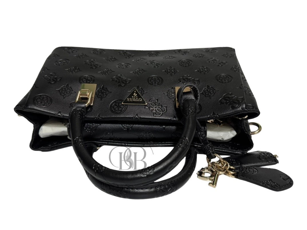 GUESS TISHA DEBOSSED PEONY GIRLFRIEND SATCHEL (BLACK LOGO)