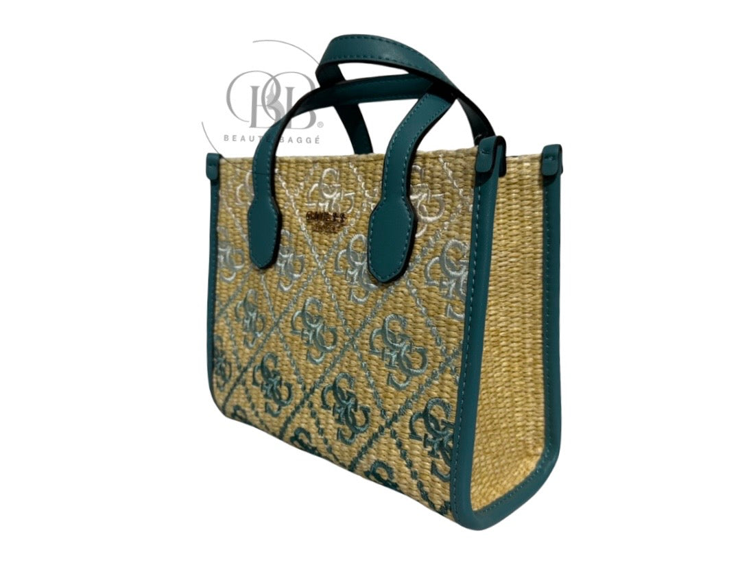 GUESS BLUE LOGO SILVANA DOUBLE COMPARTMENT MINI TOTE (TEAL LOGO)