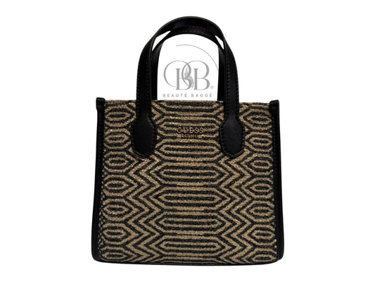 GUESS SILVANA DOUBLE COMPARTMENT MINI TOTE (BLACK/LIGHT BROWN  W/ PATTERN)