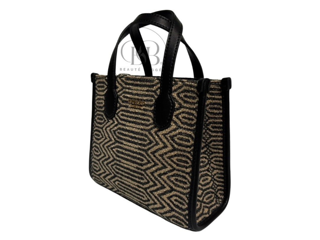 GUESS SILVANA DOUBLE COMPARTMENT MINI TOTE (BLACK/LIGHT BROWN  W/ PATTERN)