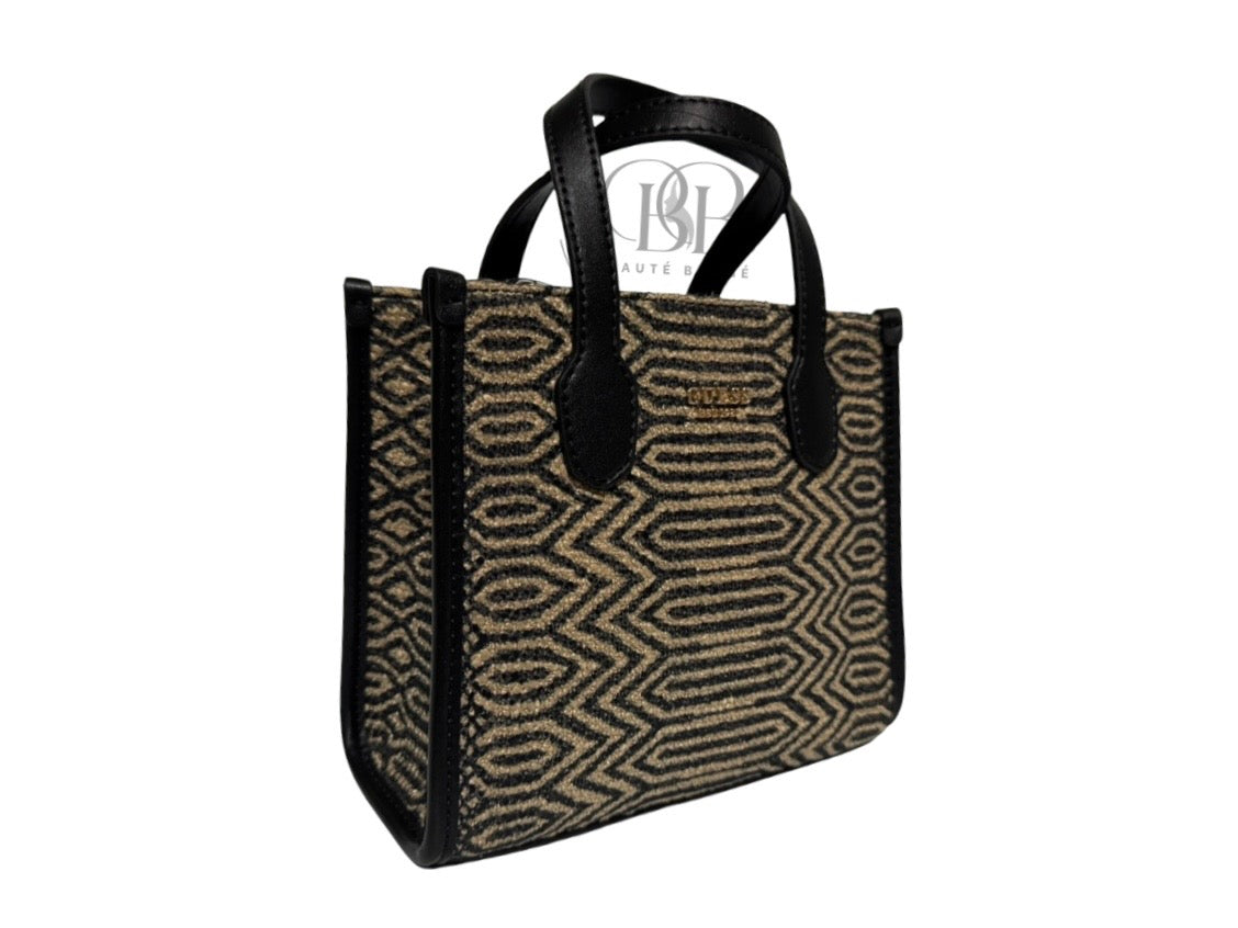 GUESS SILVANA DOUBLE COMPARTMENT MINI TOTE (BLACK/LIGHT BROWN  W/ PATTERN)