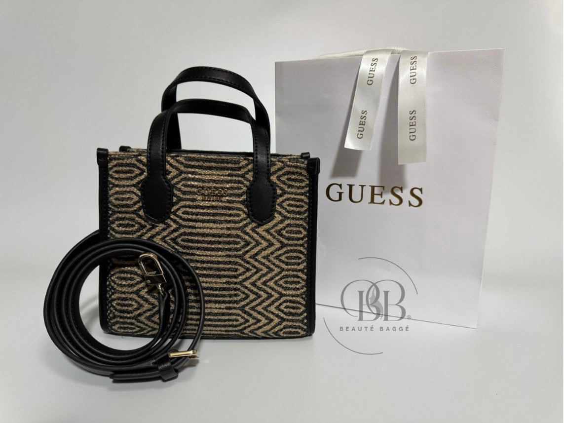 GUESS SILVANA DOUBLE COMPARTMENT MINI TOTE (BLACK/LIGHT BROWN  W/ PATTERN)