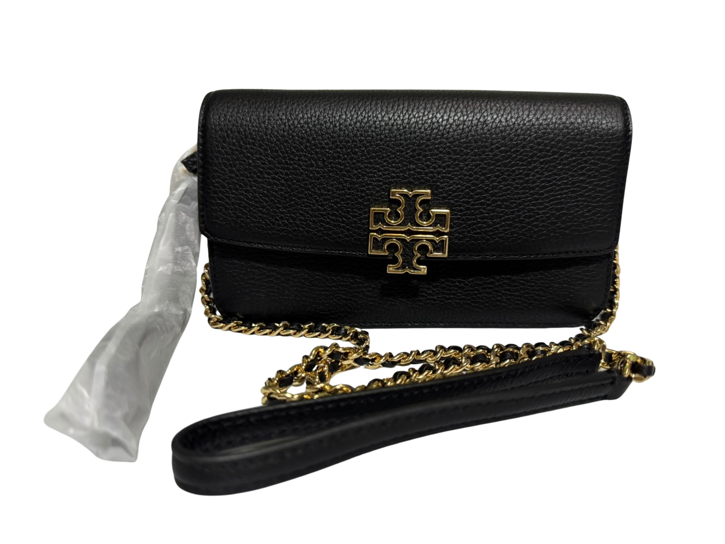 Tory Burch Britten Chain Wallet with Wristlet Leather Crossbody (Black)
