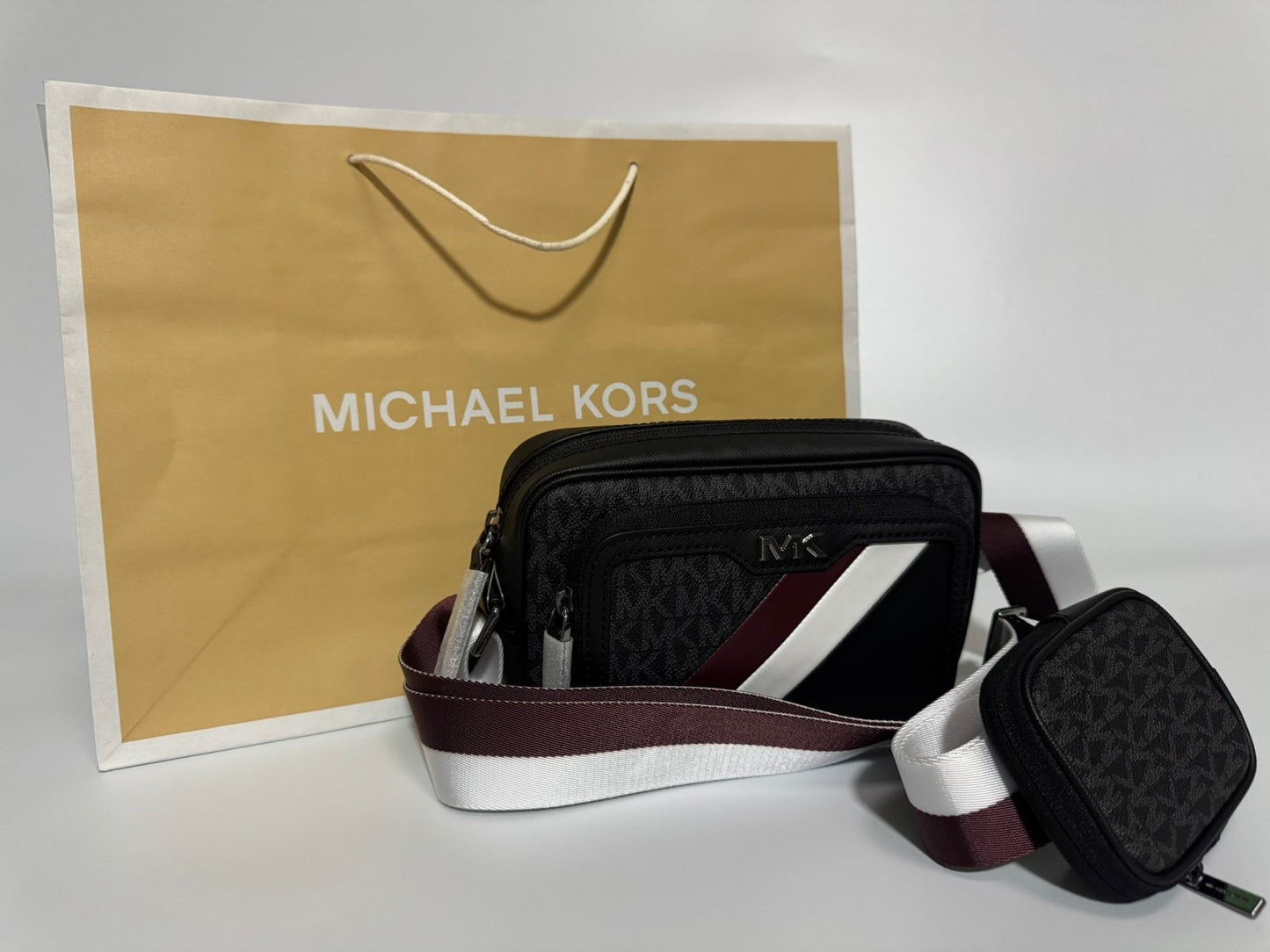 Michael Kors Rivington Striped Logo Camera Bag (Black)