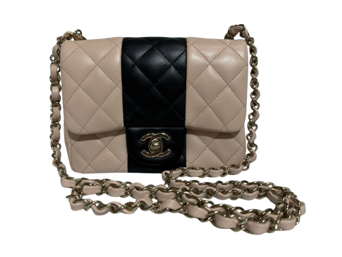 Authentic Chanel Mini Square Flap Bag Pink and Black Lambskin Light Gold Hardware 2021 (RFID Chip)