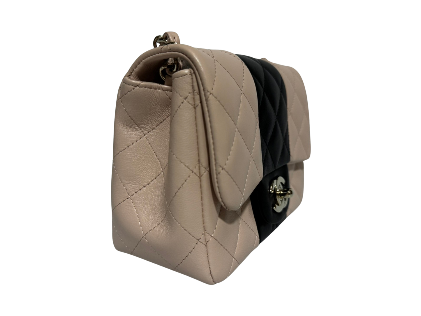 Authentic Chanel Mini Square Flap Bag Pink and Black Lambskin Light Gold Hardware 2021 (RFID Chip)