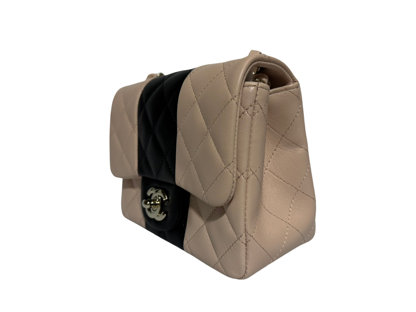 Authentic Chanel Mini Square Flap Bag Pink and Black Lambskin Light Gold Hardware 2021 (RFID Chip)