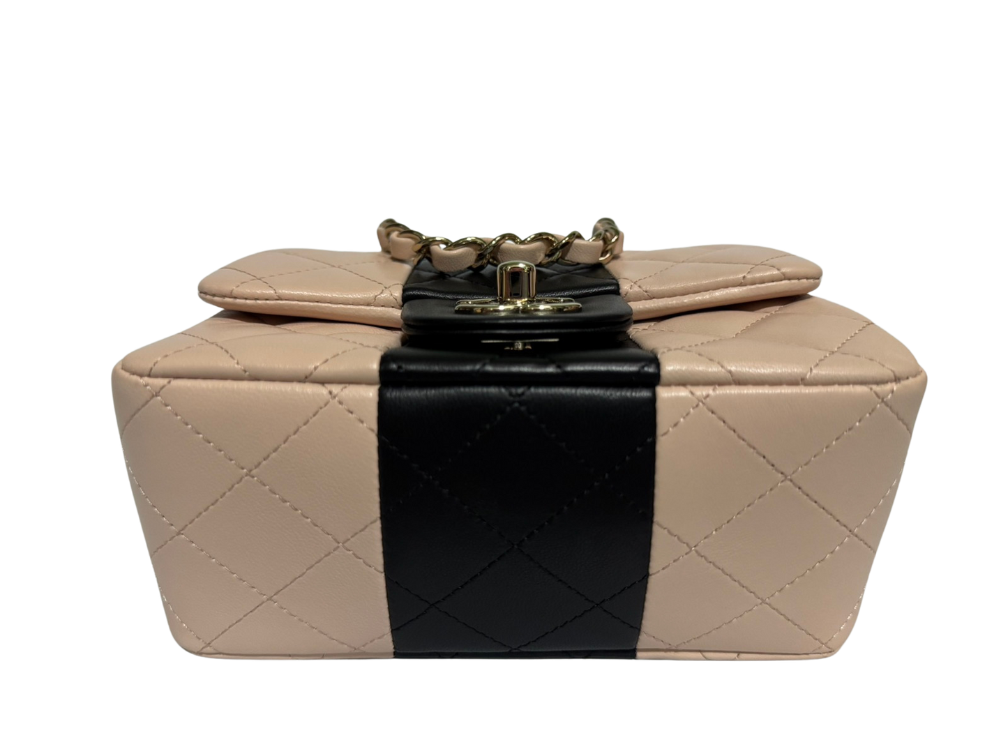 Authentic Chanel Mini Square Flap Bag Pink and Black Lambskin Light Gold Hardware 2021 (RFID Chip)