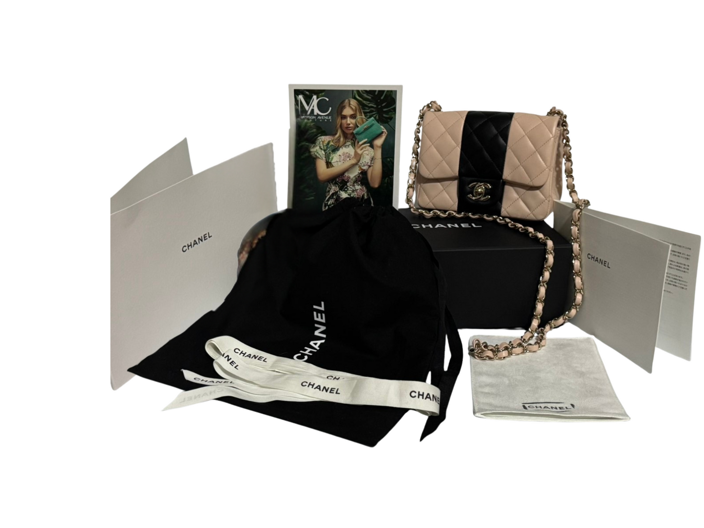 Authentic Chanel Mini Square Flap Bag Pink and Black Lambskin Light Gold Hardware 2021 (RFID Chip)